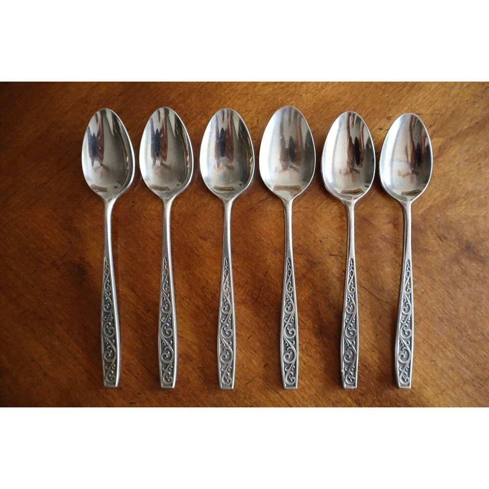 Lot 6x Imperial International IIC DAVOS Stainless Black Floral Teaspoon 6.4